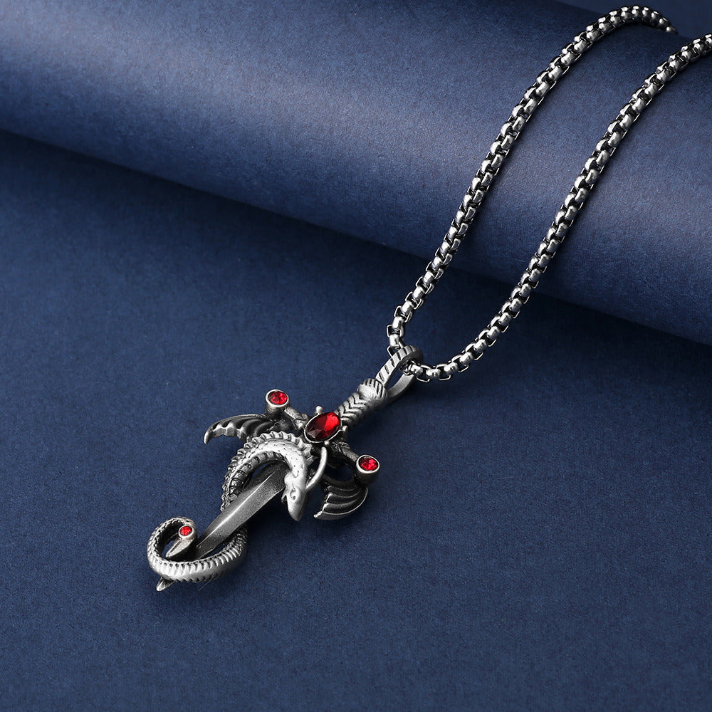 Retro Dragon Sword Tianzun Pendant Titanium Steel Necklace Trendy Men's All-match Street Hip-hop Jewelry