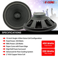 5 Core Subwoofer Speaker 15 Inch Car Sub Woofer 450W Max High Power Pro Audio 4 Ohm 40 Oz Y30 Magnet Big Replacement Bass Subs Para Carro - WF 15 140 4OHM - DRE's Electronics and Fine Jewelry