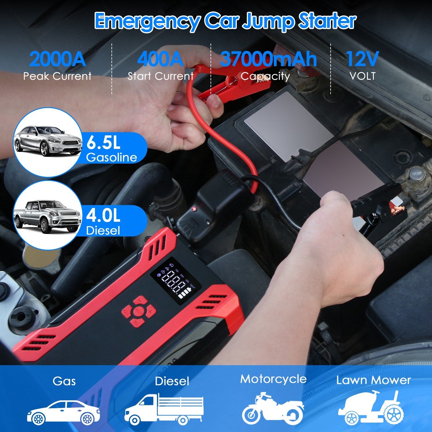 Car Jump Starter with Air Compressor Portable Car Battery Booster with Digital Tire Inflator with 2000mAh Peak Current for 12V Car 6.5L Gas or 4.0L Diesel Engines