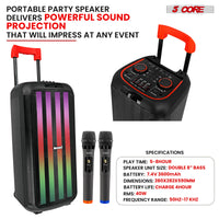 5 Core Bluetooth Speaker Karaoke Machine • 8" 3 Way Speaker • Portable Singing PA System • w DJ Light • FM + TWS + USB + SD Card + AUX + REC • Party Speakers Include Two Wireless Mics- PLB 8X2 2MIC