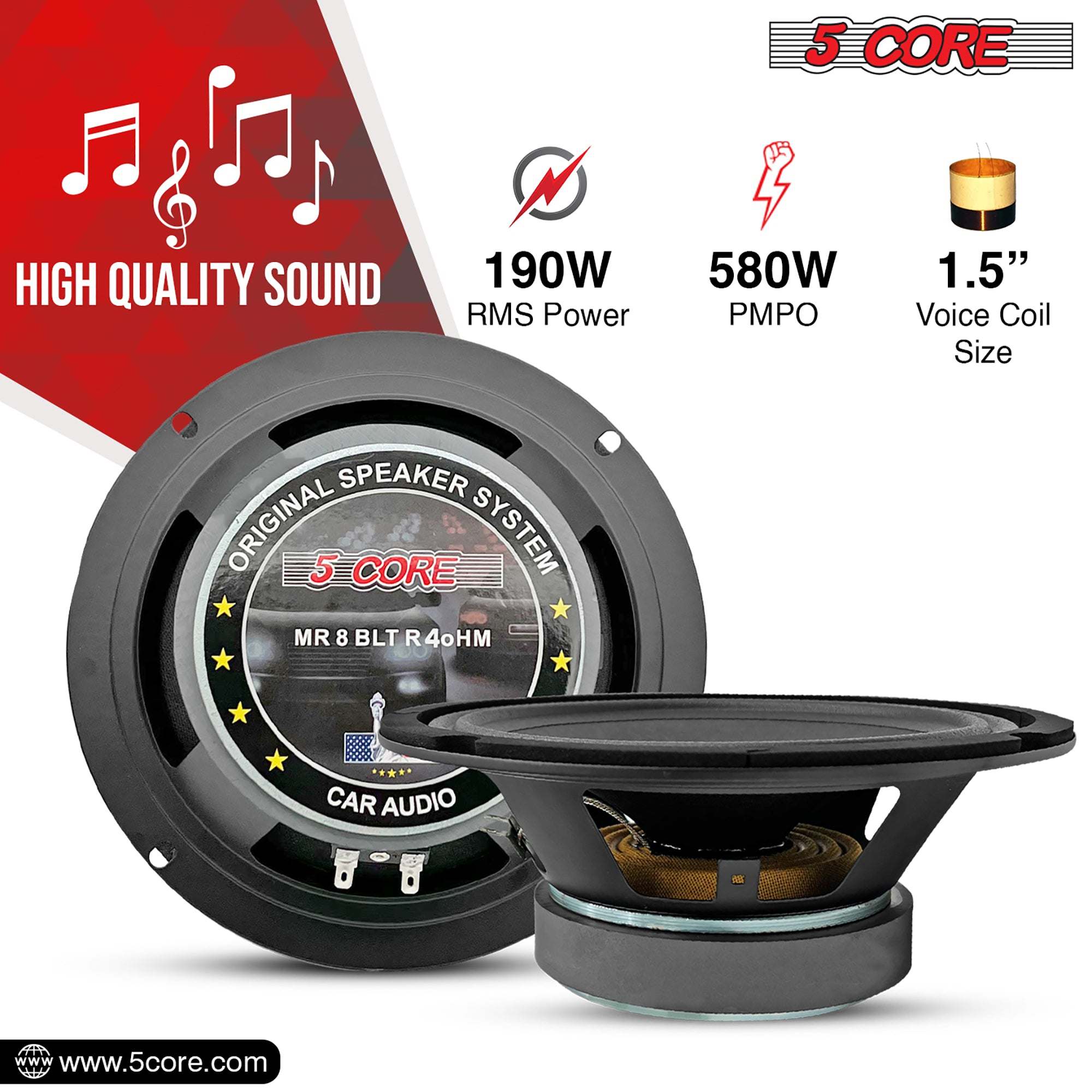 5 CORE 8 Inch Mid-Range Bullet Pro Audio Car Speaker, Red Aluminium Bullet, Loudspeaker 580W Max 4 Ohms - Premium Quality Audio Door Speakers for Car or Truck Stereo Sound System-MR 8 BLT R 4oHM