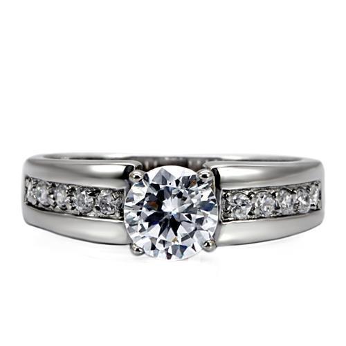 TK068 - High polished (no plating) Stainless Steel Ring with AAA Grade CZ in Clear