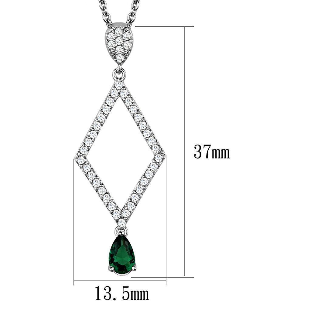 3W1026 - Rhodium Brass Chain Pendant with Synthetic Synthetic Glass in Emerald - DRE's Electronics and Fine Jewelry