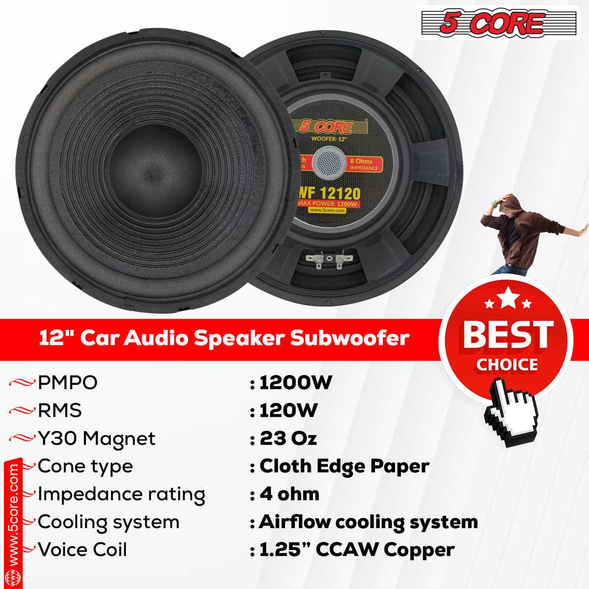 5 Core Subwoofer Speaker 12 Inch Pair Car Sub Woofer 1200W Peak High Power Pro Audio 4 Ohm 30 Oz Y30 Magnet Big Replacement Bass Subs Para Carro - WF 12120 4OHM 2PCS - DRE's Electronics and Fine Jewelry