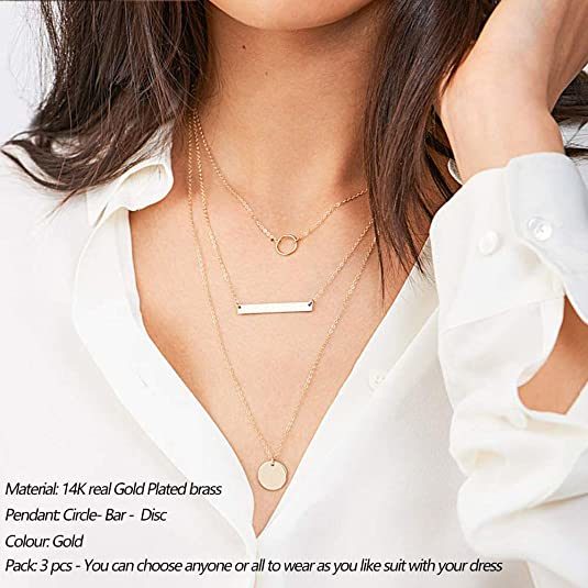 Layered Choker Necklace; Handmade 14K Gold Plated Y Pendant Necklace Multilayer Bar Disc Necklace Adjustable Layering Choker Necklaces for Women