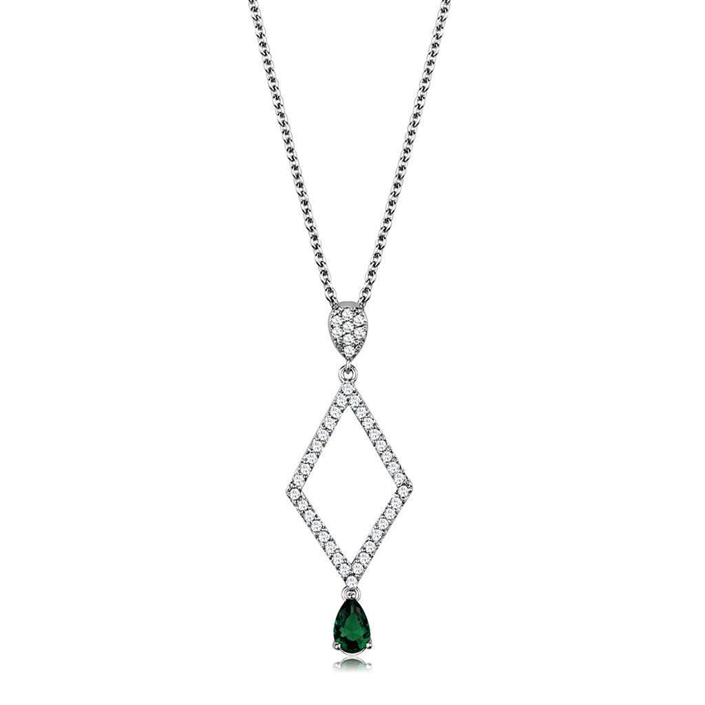 3W1026 - Rhodium Brass Chain Pendant with Synthetic Synthetic Glass in Emerald - DRE's Electronics and Fine Jewelry