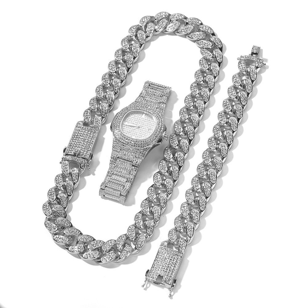 Hip Hop Iced Out Chain Necklace+Watch+Bracelet Set Men  Cuban Link Chain New Rhinestone Necklace for Men Jewelry Watch Gift