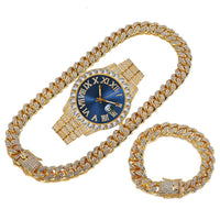 Hip Hop  Cuban Link Chain Set Necklace +Watch+Bracelet  Miami Chain  Sets Iced Out Jewelry Sets For Women Men  Jewelry