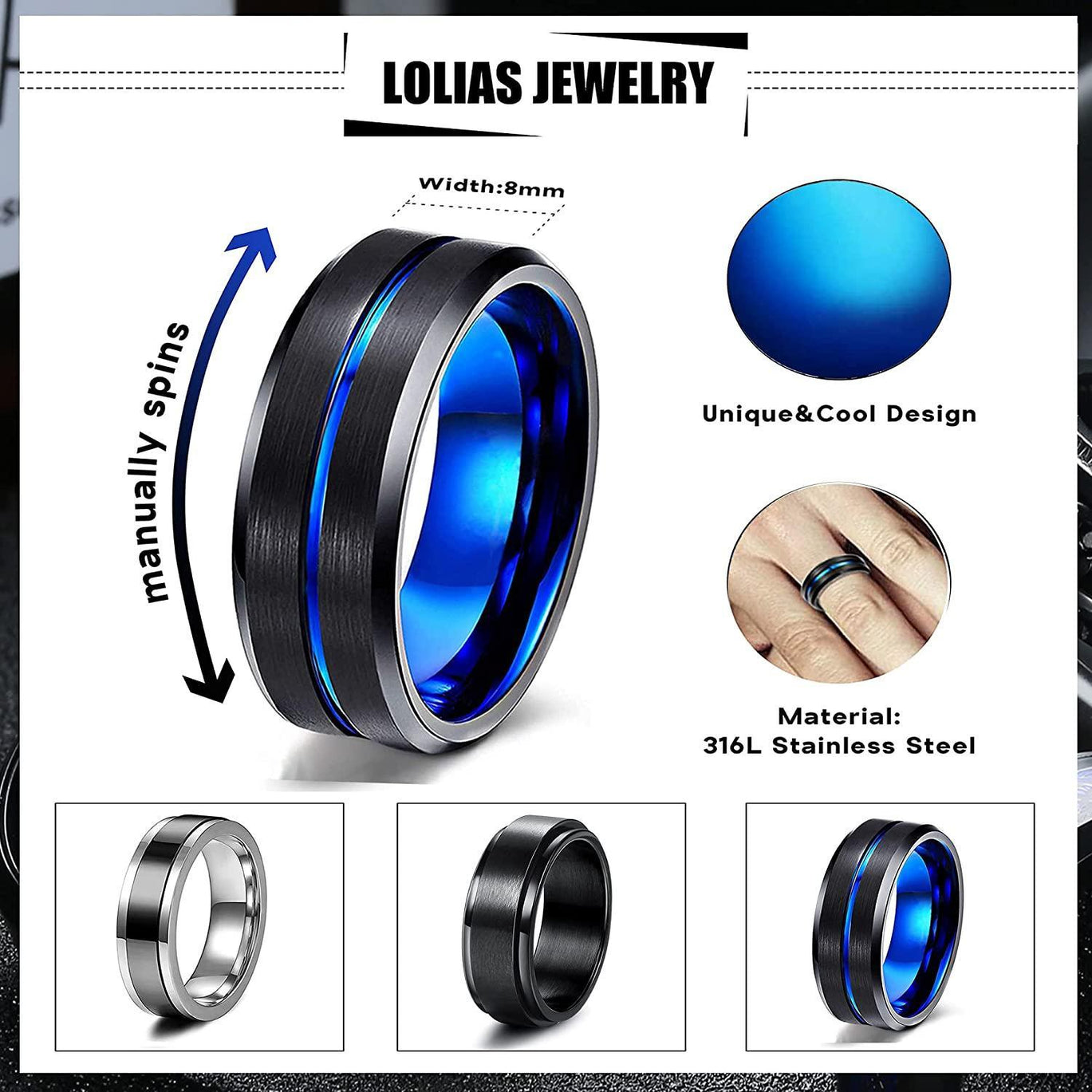 3 Pieces Men's Rings Black Stainless Steel Rings for Men Wide Rings Rotating Men's Black Blue Ring Engagement Friendship Ring Vintage Rings for Men Size 7