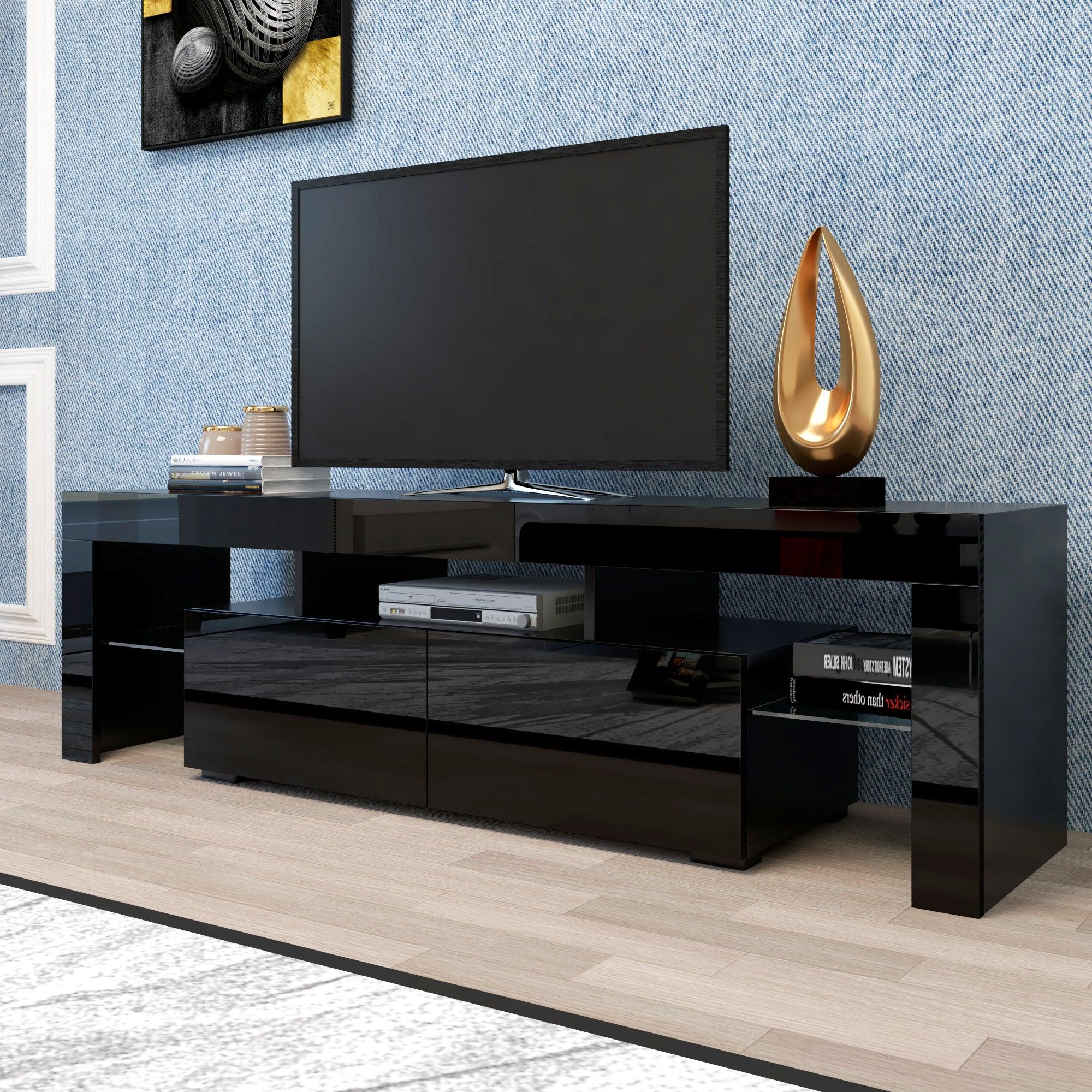 Modern Black TV Stand; 20 Colors LED TV Stand w/Remote Control Lights