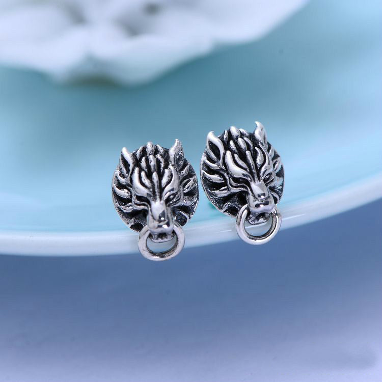 Retro Thai Silver Personality Wolf Head Men's Stud Earrings