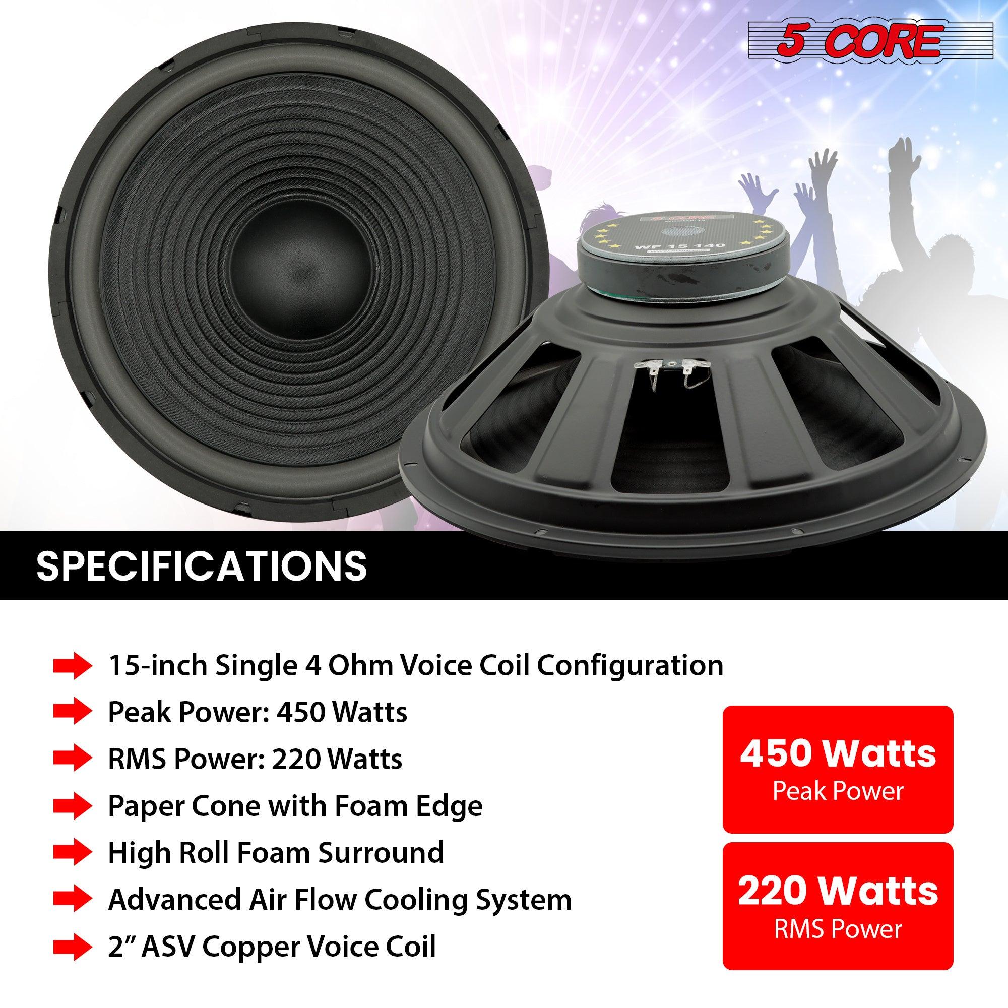 5 Core Subwoofer Speaker 15 Inch Car Sub Woofer 450W Max High Power Pro Audio 4 Ohm 40 Oz Y30 Magnet Big Replacement Bass Subs Para Carro - WF 15 140 4OHM - DRE's Electronics and Fine Jewelry