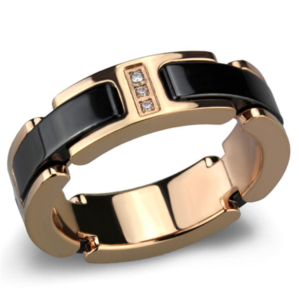 3W964 - IP Rose Gold(Ion Plating) Stainless Steel Ring with Ceramic in Jet