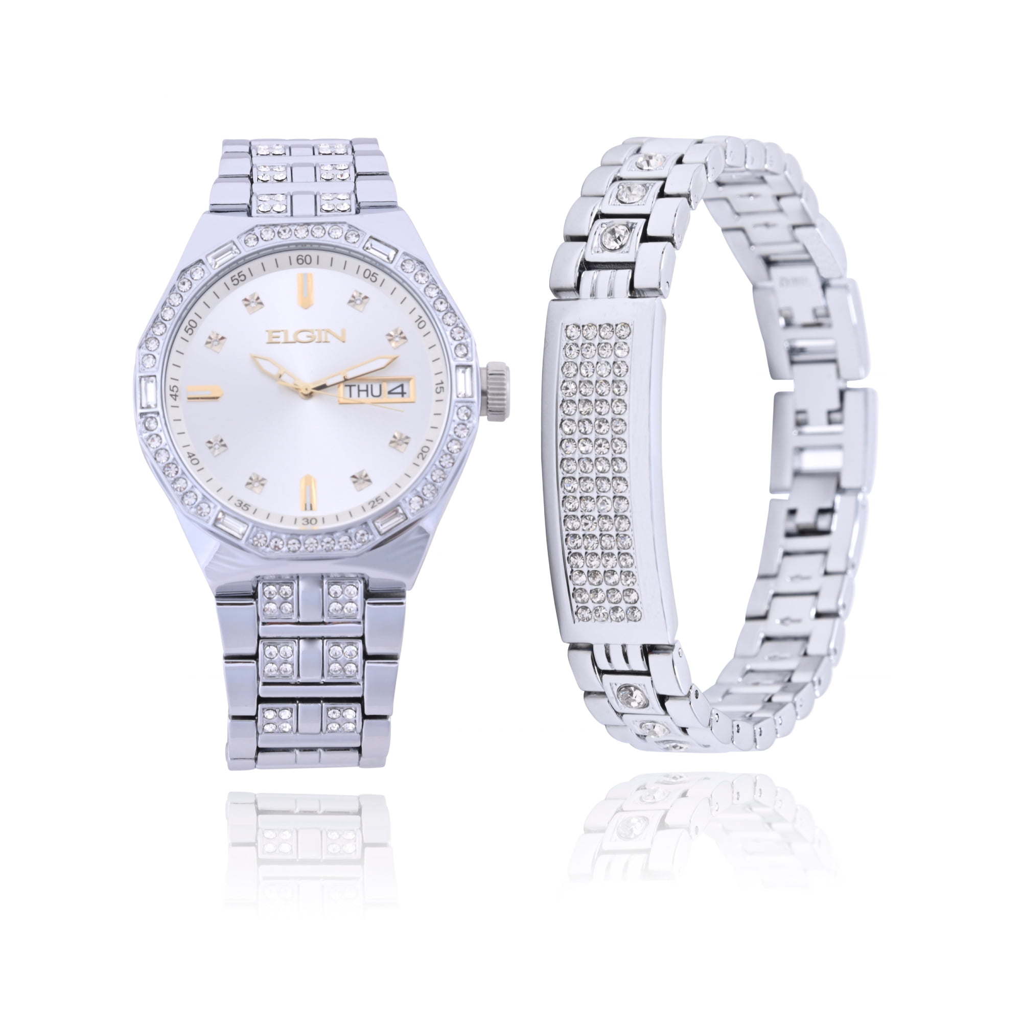 Elgin Adult Male Watch with Matching Bracelet Set in Silver with Gold Markers (FG180016SST)