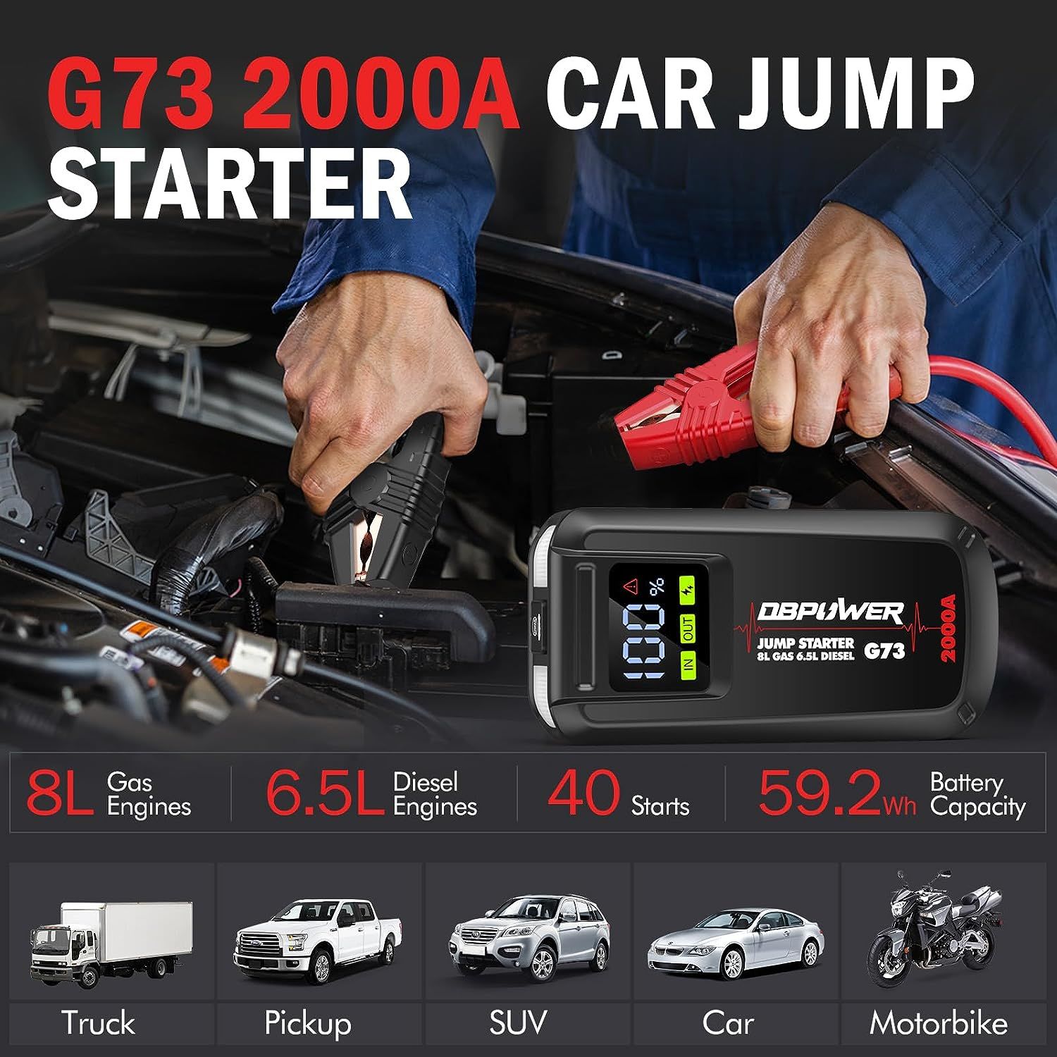 DBPOWER Jump Starter 2000A Peak Portable Car Jump Starter for Up to 8.0L Gas and 6.5L Diesel Engines, 12V Lithium Battery Booster Pack with 2.5" LCD Display, Smart Jumper Cables and LED Light