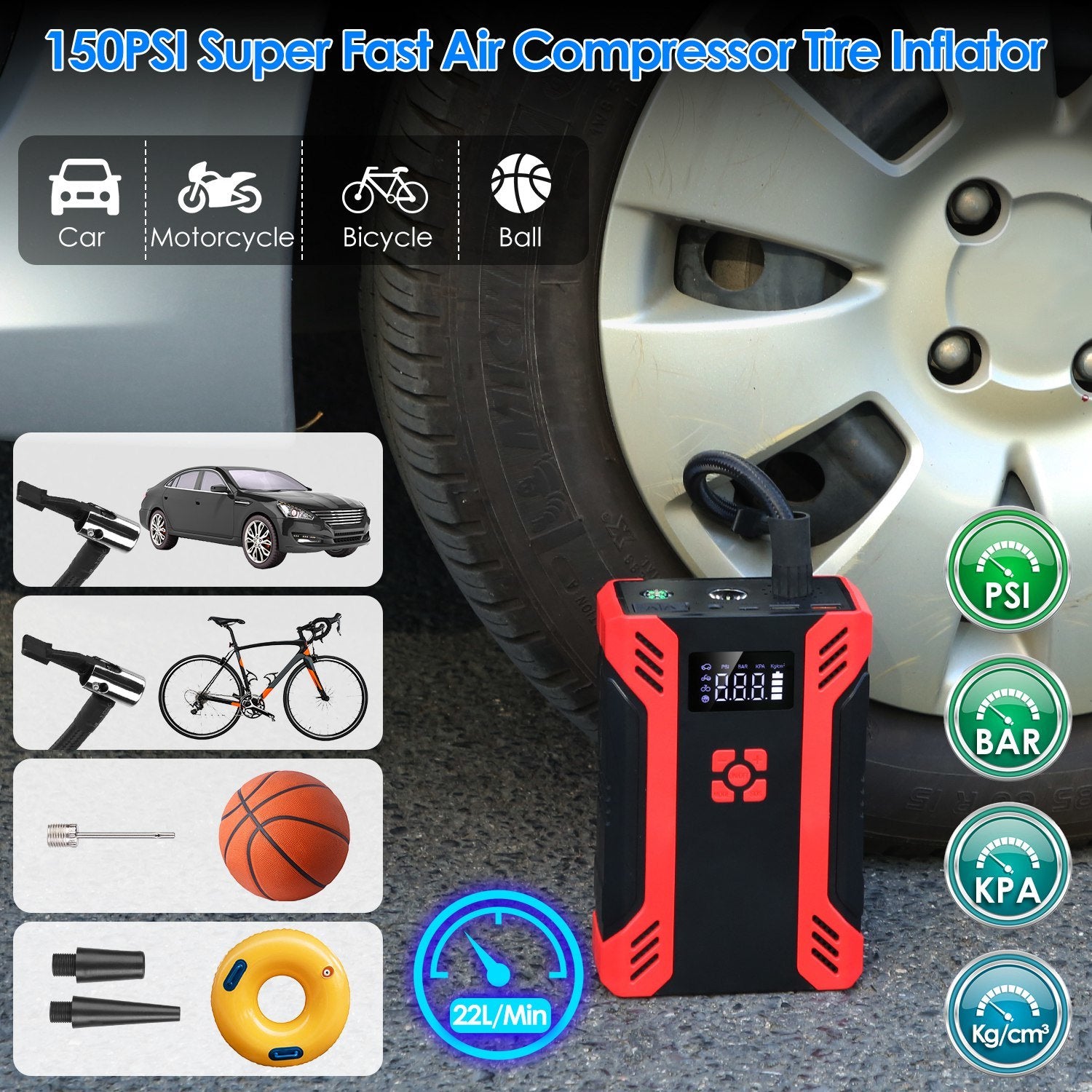 Car Jump Starter with Air Compressor Portable Car Battery Booster with Digital Tire Inflator with 2000mAh Peak Current for 12V Car 6.5L Gas or 4.0L Diesel Engines