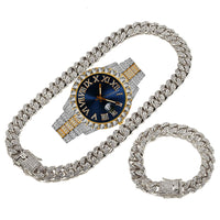 Hip Hop  Cuban Link Chain Set Necklace +Watch+Bracelet  Miami Chain  Sets Iced Out Jewelry Sets For Women Men  Jewelry