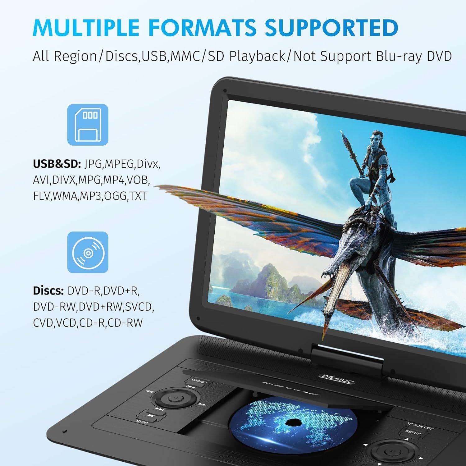 17.9" Portable DVD Player with 15.6" HD Swivel Screen, Support Multiple DVD CD Formats/USB/SD Card/Sync TV, 6 Hours Rechargeable Battery, Car Charger, Remote Control, Region Free