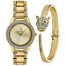 Jessica Simpson Ladies 34mm Gold Tone Crystal Accent Mother Of Pearl Dial Bracelet Watch & Crystal Encrusted Panther Bangle