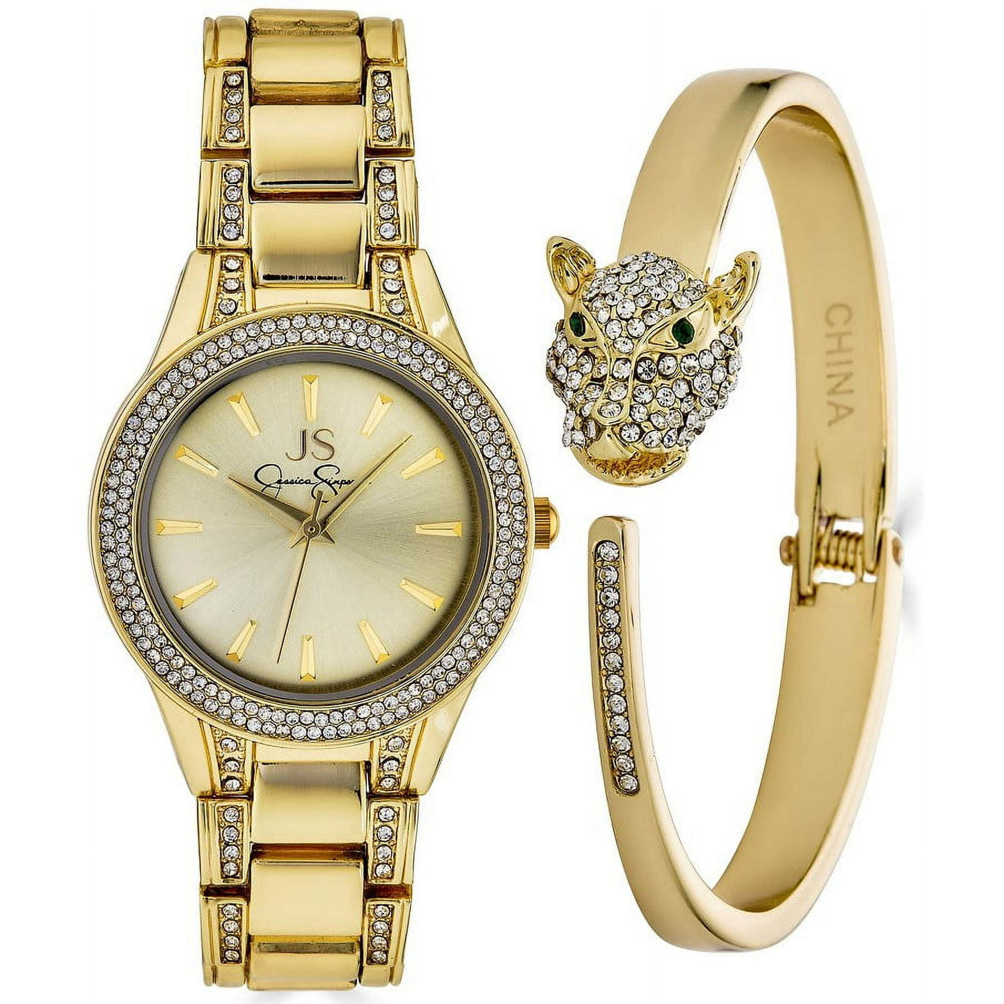 Jessica Simpson Ladies 34mm Gold Tone Crystal Accent Mother Of Pearl Dial Bracelet Watch & Crystal Encrusted Panther Bangle