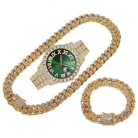 Hip Hop  Cuban Link Chain Set Necklace +Watch+Bracelet  Miami Chain  Sets Iced Out Jewelry Sets For Women Men  Jewelry