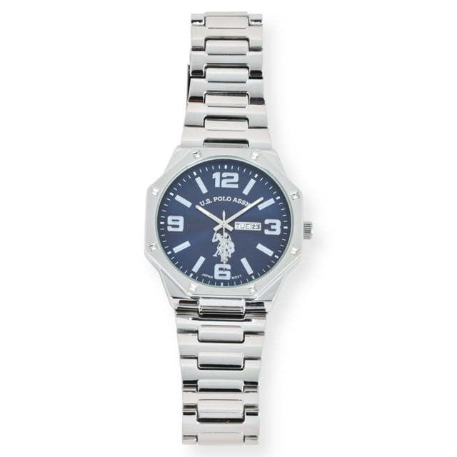 U.S. Polo Assn. Adult Male Analog Watch with Date Display in Silver and Blue (USC80682WM)