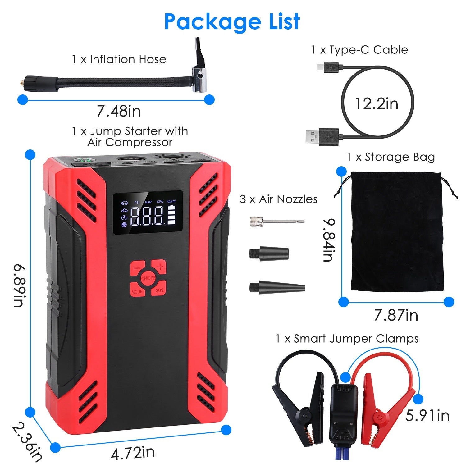 Car Jump Starter with Air Compressor Portable Car Battery Booster with Digital Tire Inflator with 2000mAh Peak Current for 12V Car 6.5L Gas or 4.0L Diesel Engines