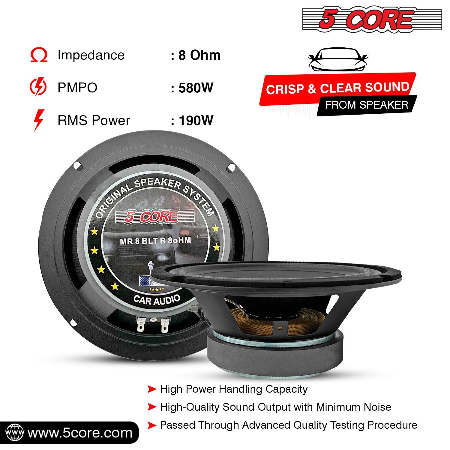 5 CORE 8 Inch Mid-Range Bullet Pro Audio Car Speaker, Red Aluminium Bullet, Loudspeaker 580W Max 8 Ohms - Premium Quality Audio Door Speakers for Car or Truck Stereo Sound System - DRE's Electronics and Fine Jewelry