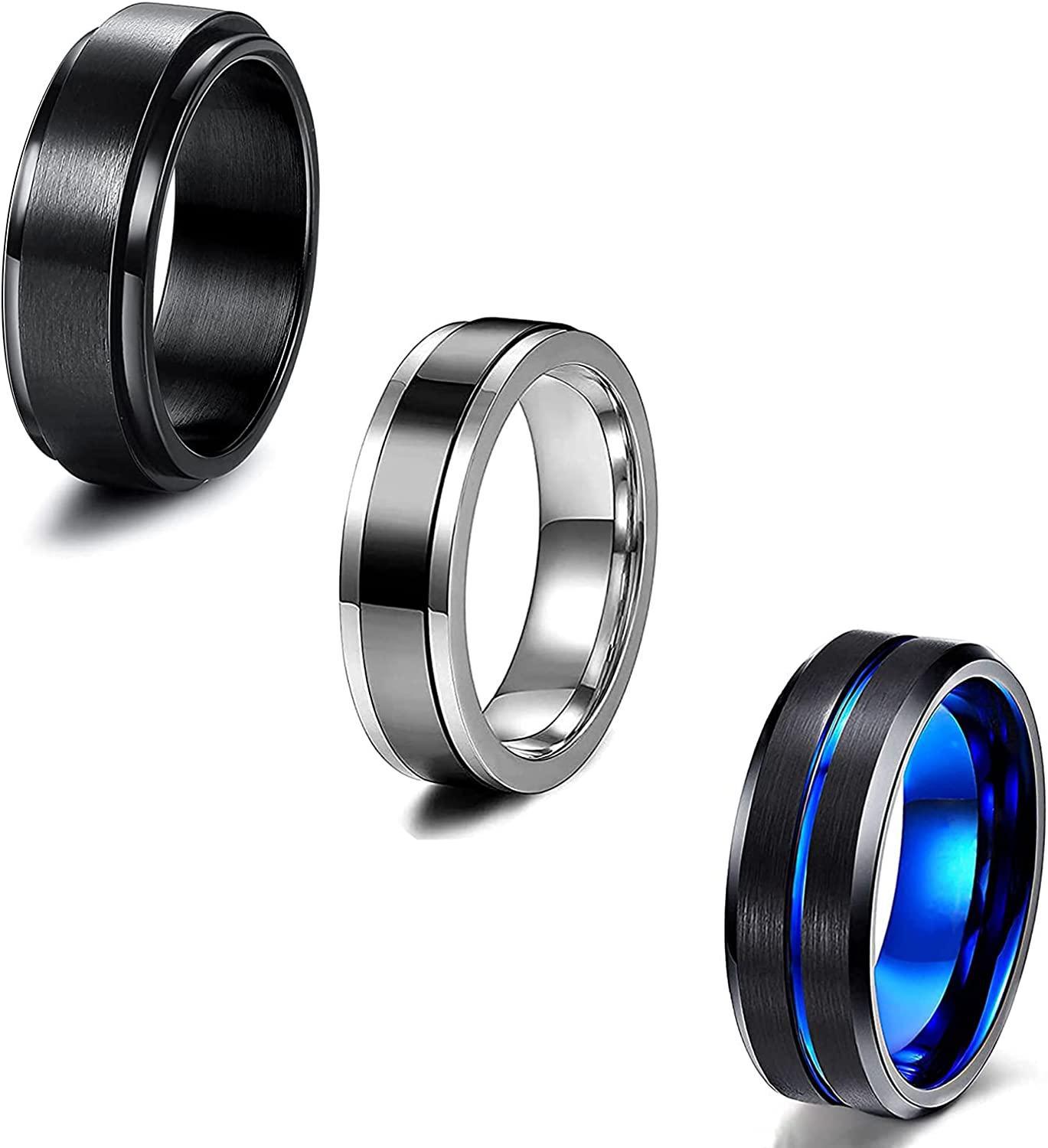 3 Pieces Men's Rings Black Stainless Steel Rings for Men Wide Rings Rotating Men's Black Blue Ring Engagement Friendship Ring Vintage Rings for Men Size 7