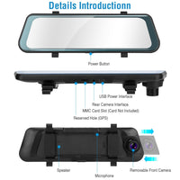 FHD 1080P Car DVR Dash Camera 9.66In Vehicle Driving Recorder w/ G Sensor Parking Monitoring Seamless Recording