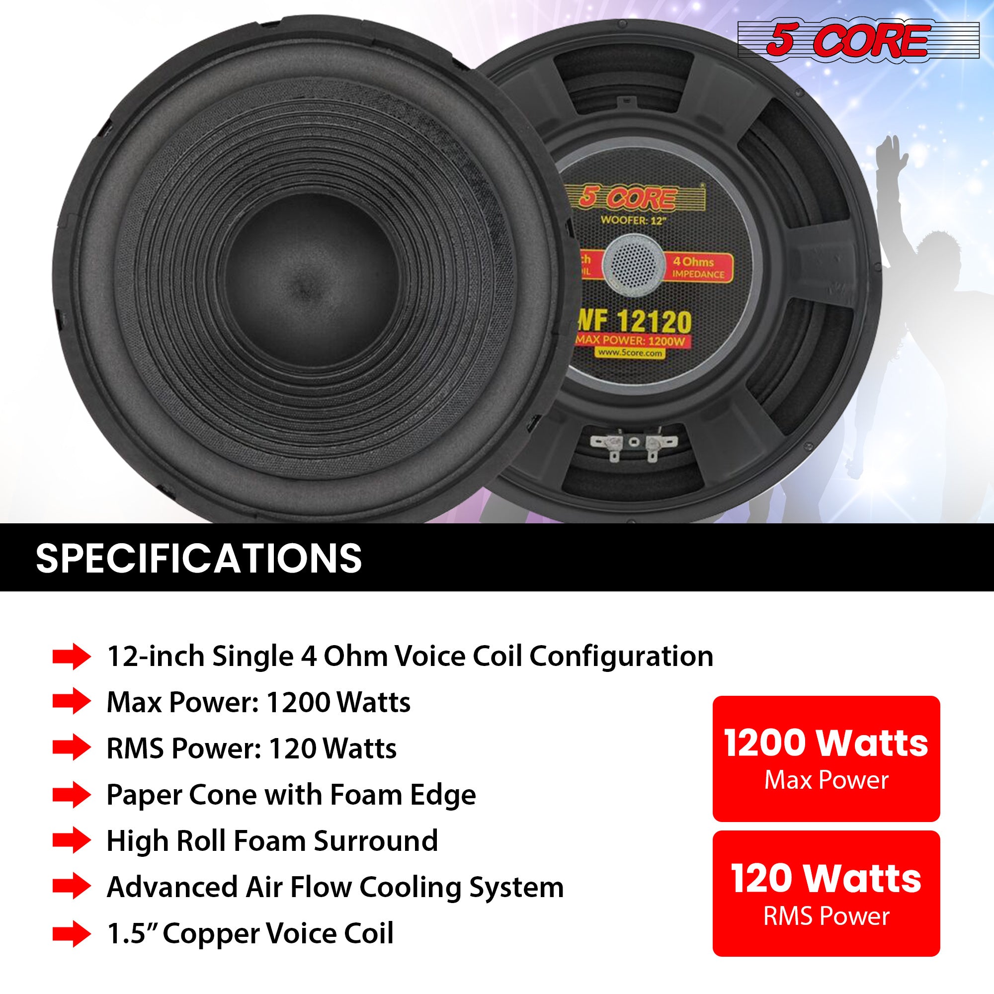 5 Core Subwoofer Speaker 12 Inch Pair Car Sub Woofer 1200W Peak High Power Pro Audio 4 Ohm 30 Oz Y30 Magnet Big Replacement Bass Subs Para Carro - WF 12120 4OHM 2PCS