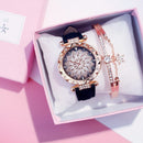 2pcs Women Watches Set Starry Sky Ladies Bracelet Watch Casual Leather Sports Quartz Watches(No Box)