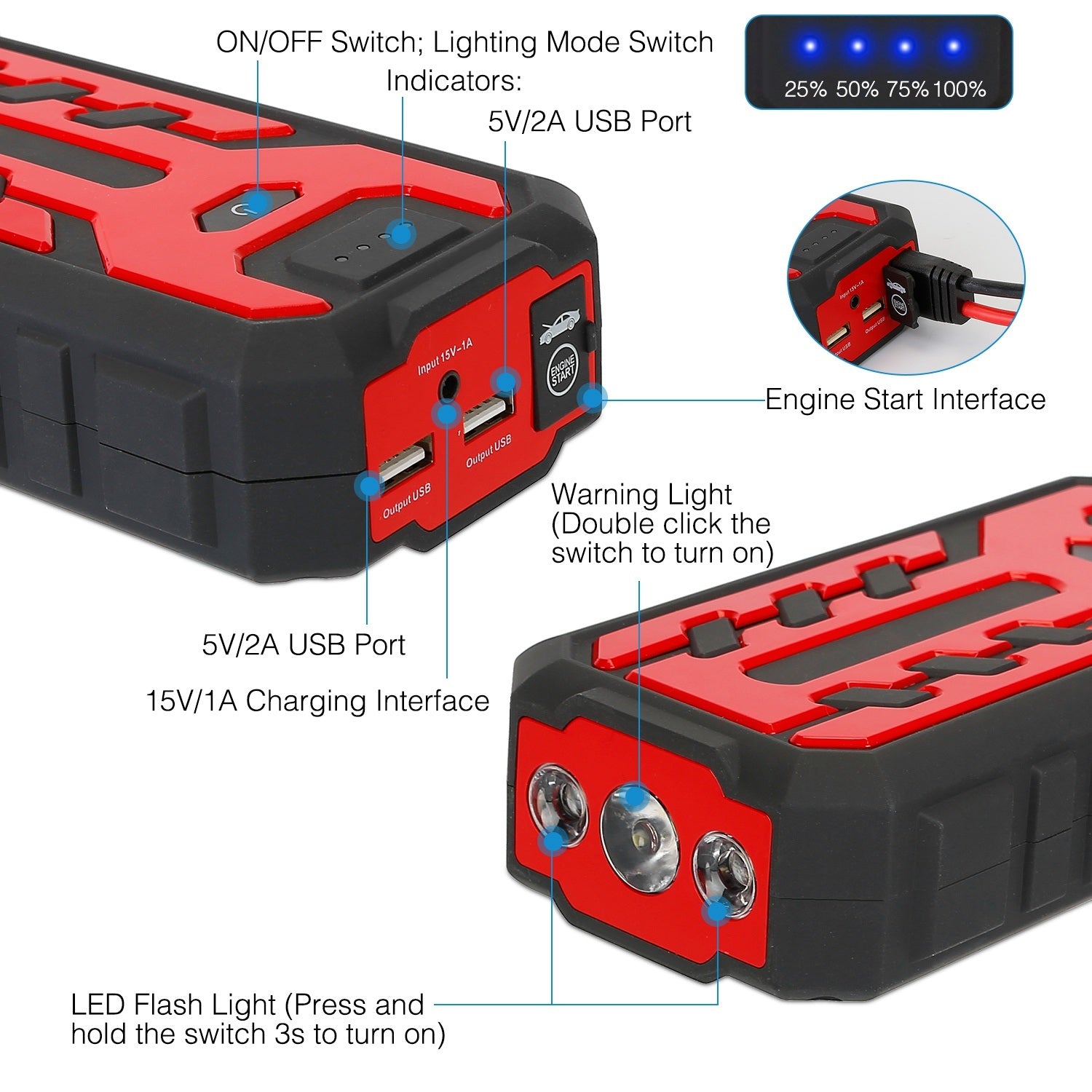 Car Jump Starter Booster 800A Peak 28000mAh Battery Charger Power Bank