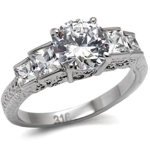 TK057 - High polished (no plating) Stainless Steel Ring with AAA Grade CZ in Clear