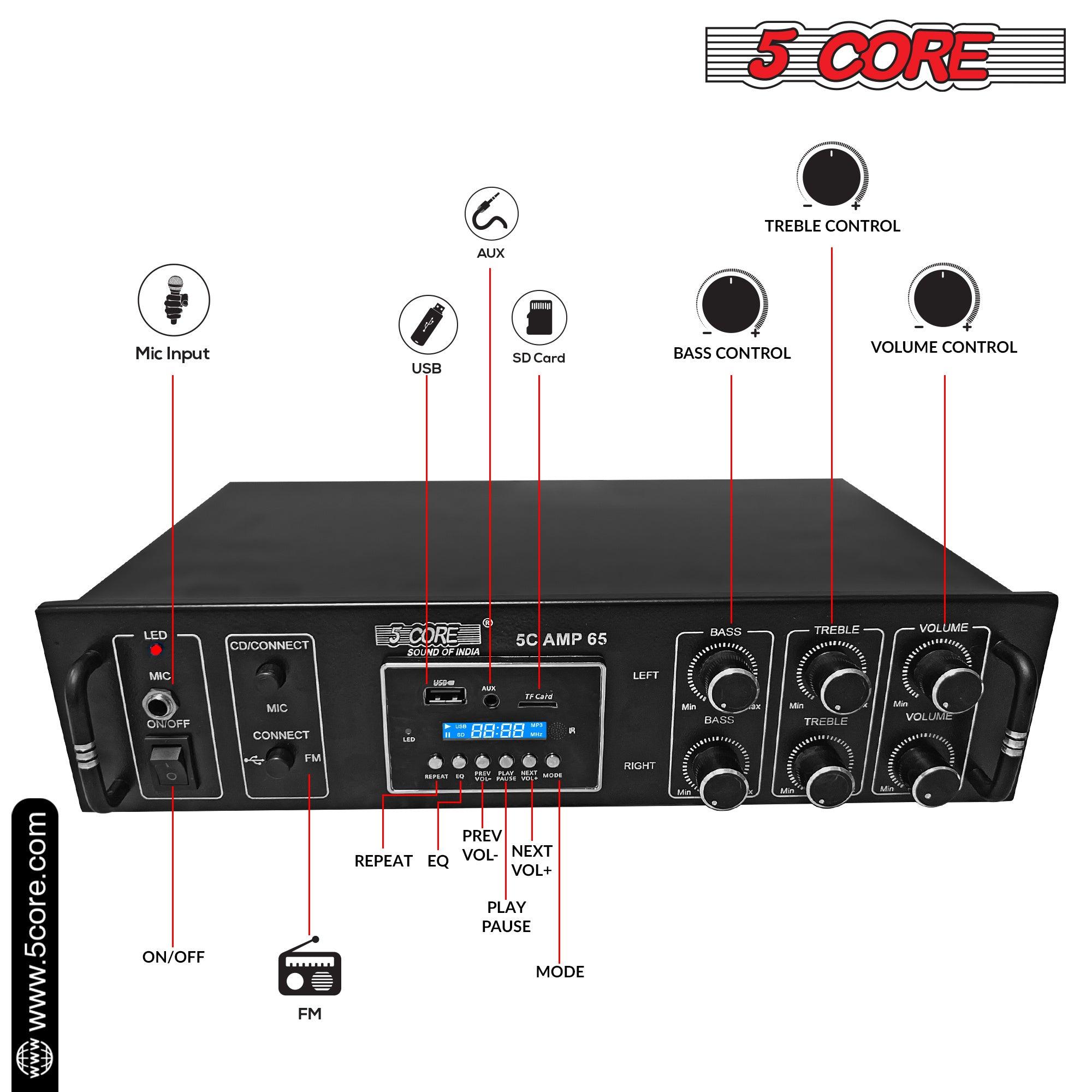 5 Core Amplifier 65W RMS Hi-Fi Stereo Power Amplifiers with USB AUX MIC SD Card Input Speaker Bass and Treble Control Music Player Sound Amplifier for Car Home Garage- 5C AMP 65 - DRE's Electronics and Fine Jewelry