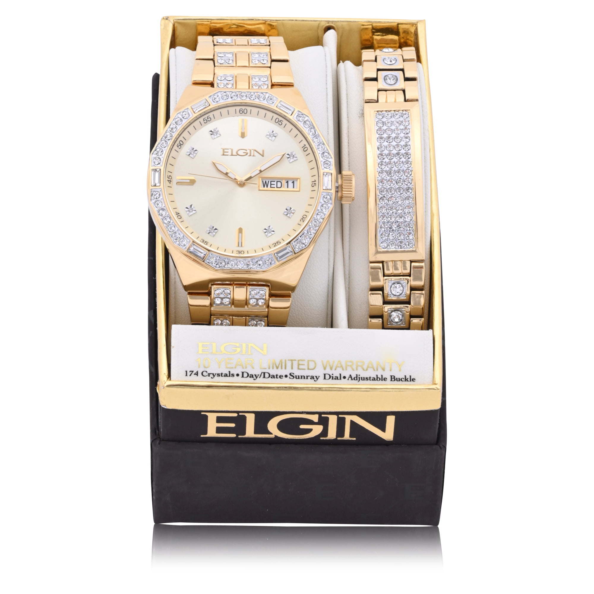 Elgin Adult Male Watch and Bracelet Set in Gold and Stones in (FG180016ST)