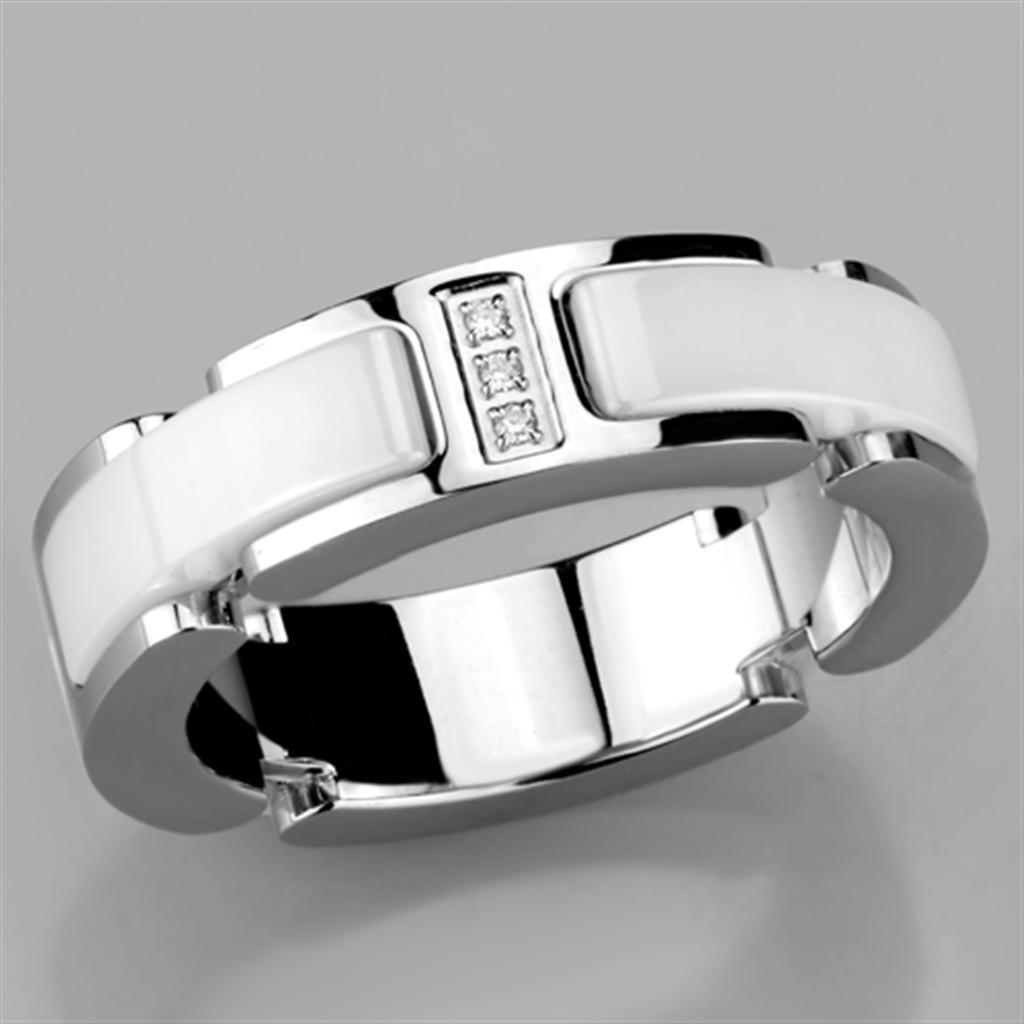 3W967 - High polished (no plating) Stainless Steel Ring with Ceramic in White