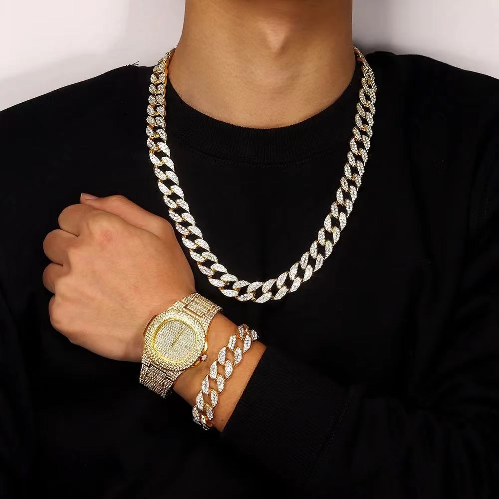 Hip Hop Iced Out Chain Necklace+Watch+Bracelet Set Men  Cuban Link Chain New Rhinestone Necklace for Men Jewelry Watch Gift