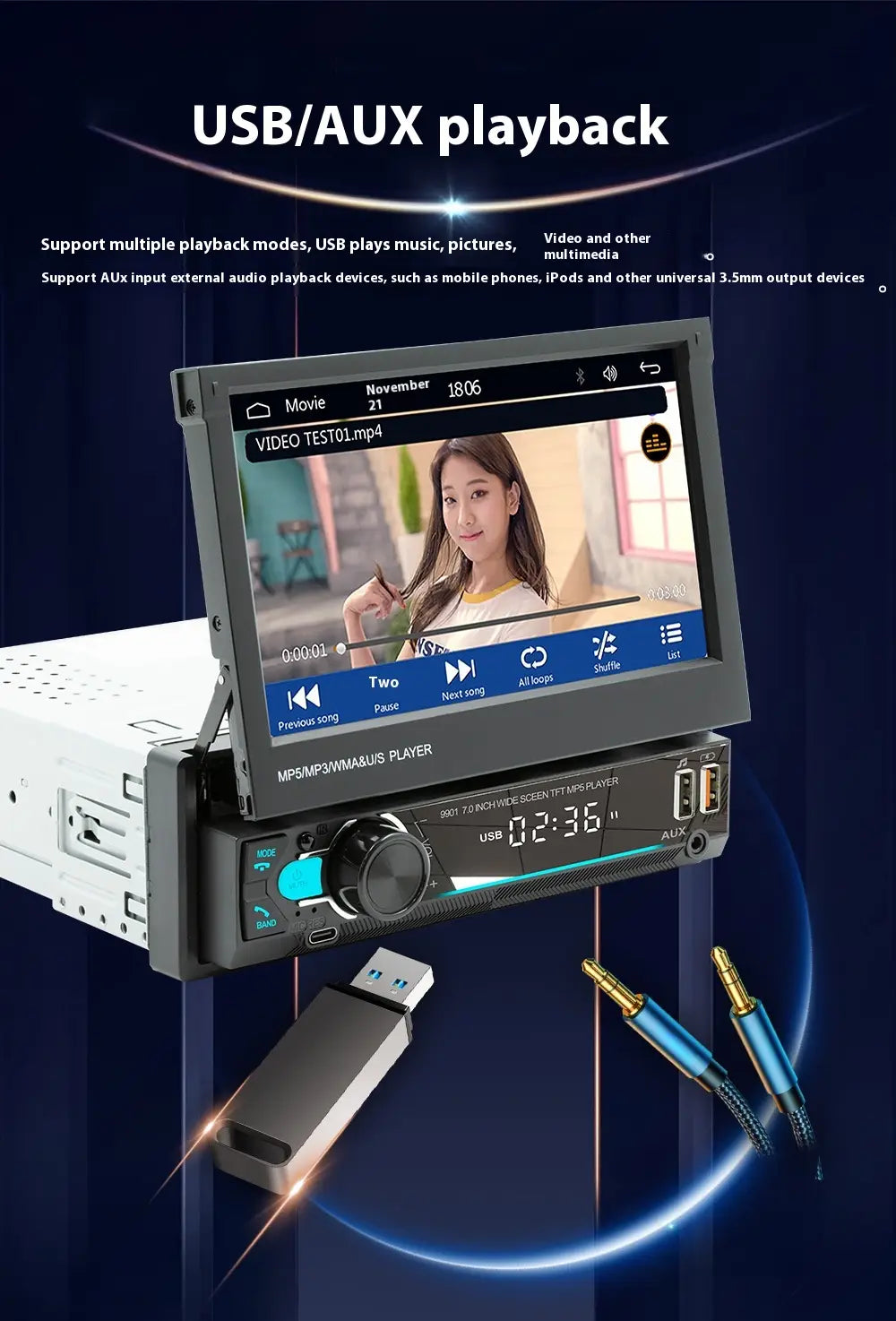 7-inch Telescopic Screen Vehicle-borne Bluetooth Player