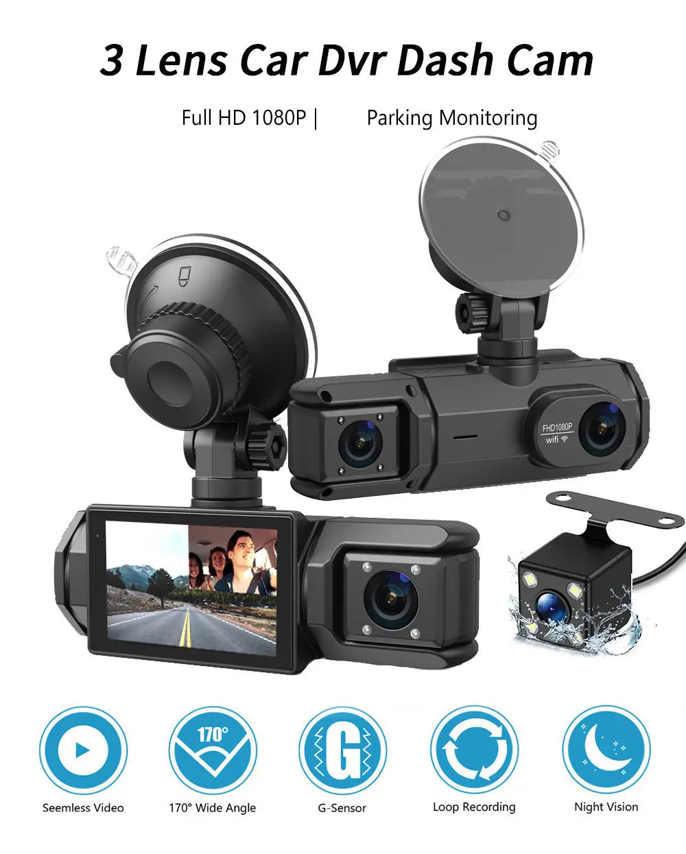 HD 1080p Driving Recorder Three-lens Same Display