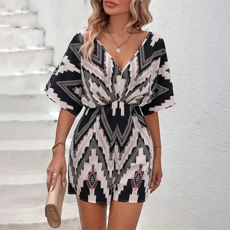 Printed V-neck Back Bandage Bow One-piece Shorts