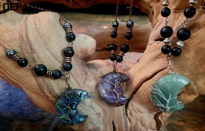EMF 5G Shielding Silver Necklace Crescent Moon Tigers Eye Shungite Hematite Black Tourmaline Sterling Necklaces