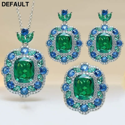 Europe America Luxury Platinum Plated Jewelry Sets Fashion Women Bridal Square Green Stone Pendant Necklaces Earrings