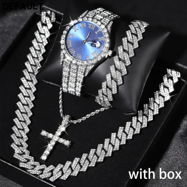 Exquisite Watch Set with Gift Box Cuban Chain Diamond Rhinestone Bracelet Pendant Cross Hip Hop Fashion Jewelry Men