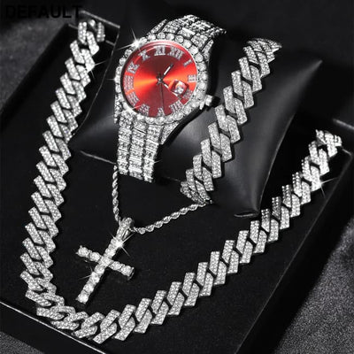 Exquisite Watch Set with Gift Box Cuban Chain Diamond Rhinestone Bracelet Pendant Cross Hip Hop Fashion Jewelry Men
