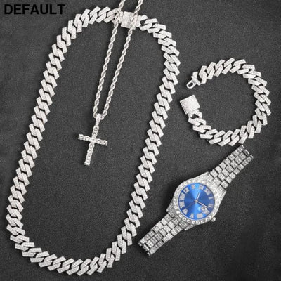 Exquisite Watch Set with Gift Box Cuban Chain Diamond Rhinestone Bracelet Pendant Cross Hip Hop Fashion Jewelry Men