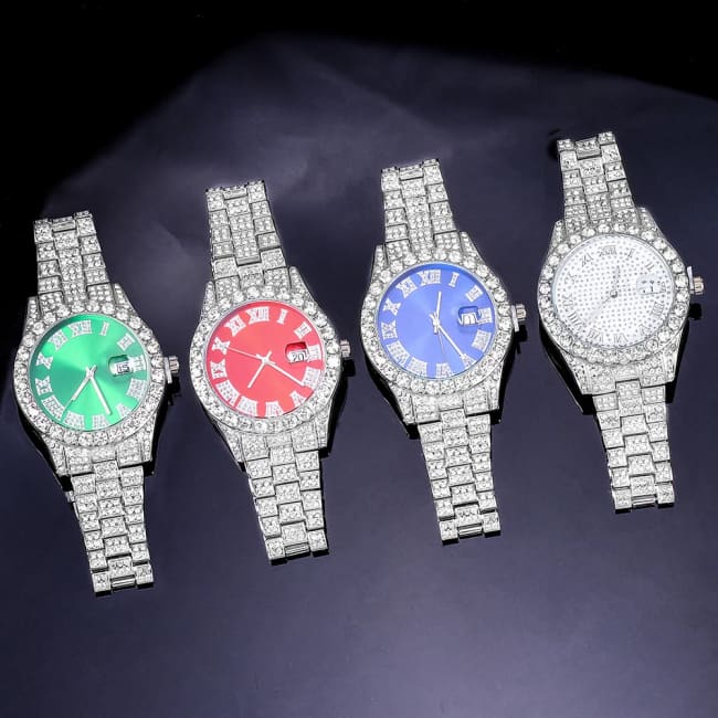 Exquisite Watch Set with Gift Box Cuban Chain Diamond Rhinestone Bracelet Pendant Cross Hip Hop Fashion Jewelry Men