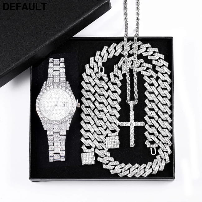 Exquisite Watch Set with Gift Box Cuban Chain Diamond Men Bracelets Jewelry Sets