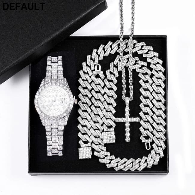 Exquisite Watch Set with Gift Box Cuban Chain Diamond Rhinestone Bracelet Pendant Cross Hip Hop Fashion Jewelry Men