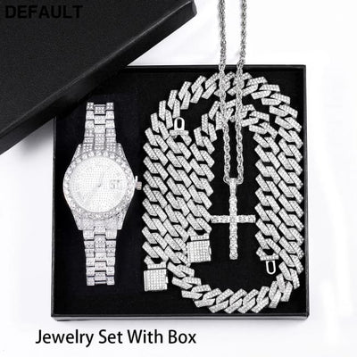 Exquisite Watch Set with Gift Box Cuban Chain Diamond Rhinestone Bracelet Pendant Cross Hip Hop Fashion Jewelry Men